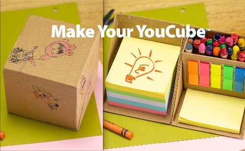 YouCube, sticky note cube decorated with a child's artwork in crayon