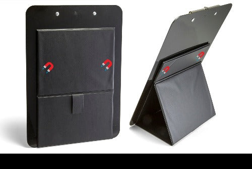 Magnetic, foldable easel clipboard shown folded and standing up with attached easel